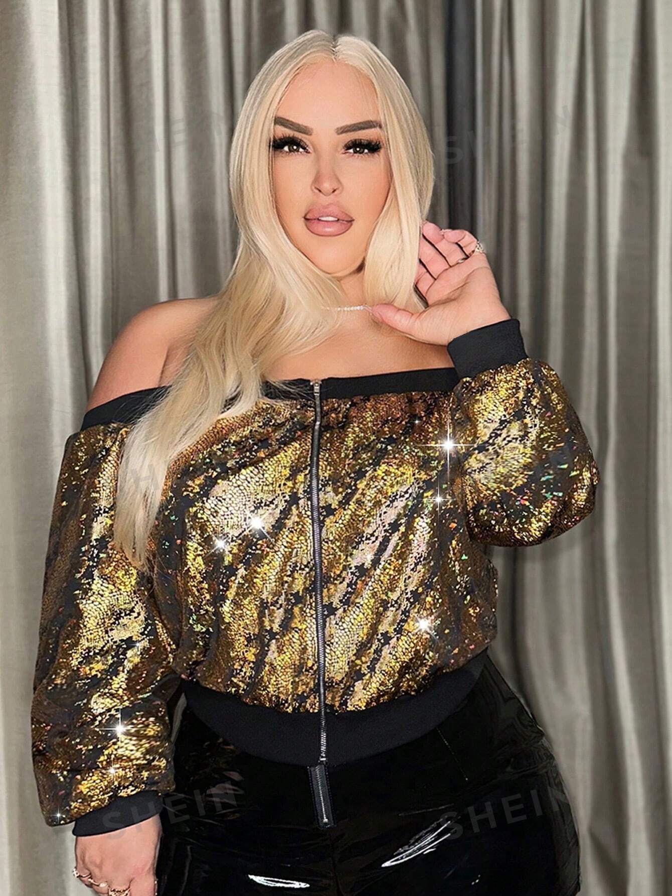 Plus size gold sequin jacket worn by a blonde model, product picture