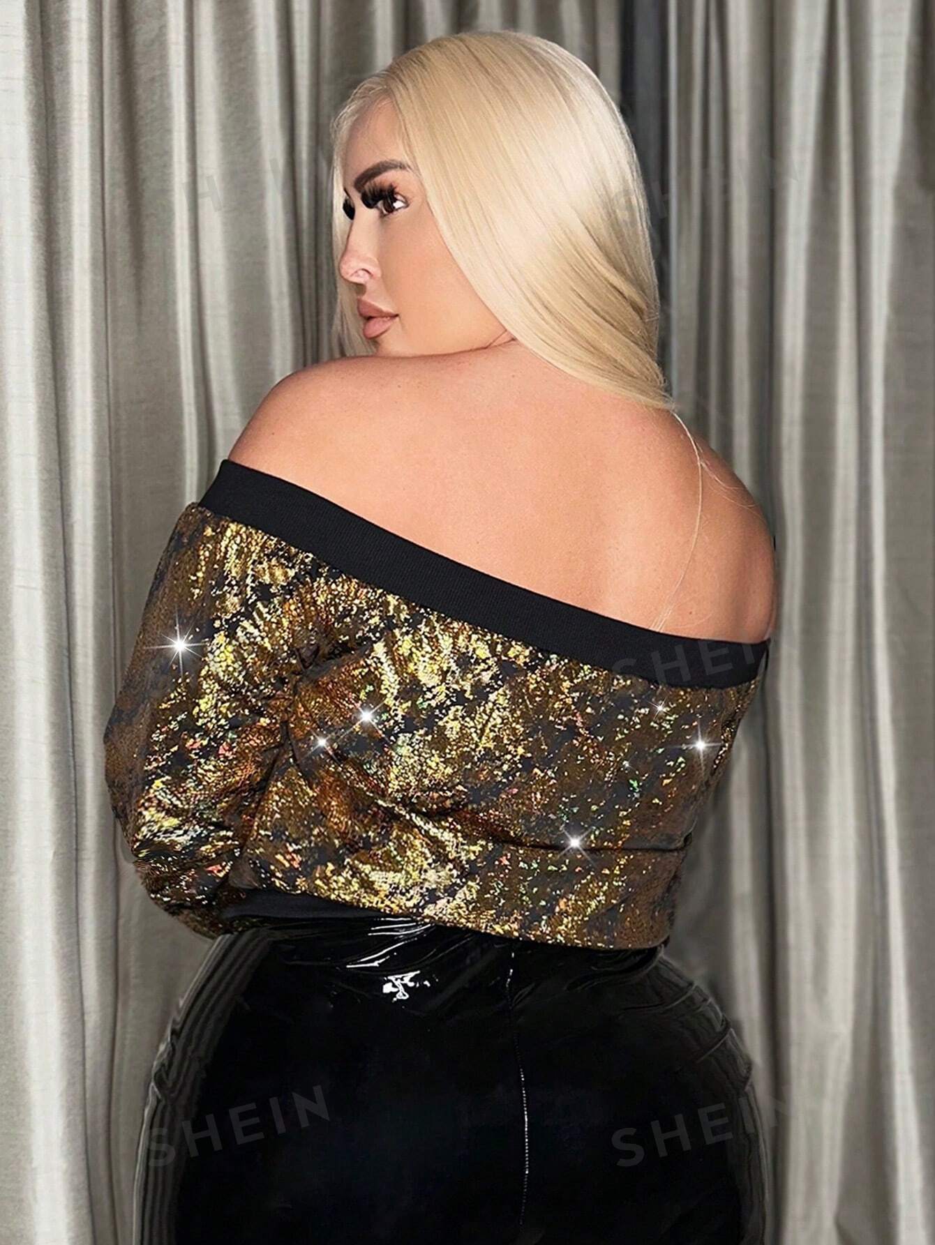 Plus size gold sequin jacket from behind