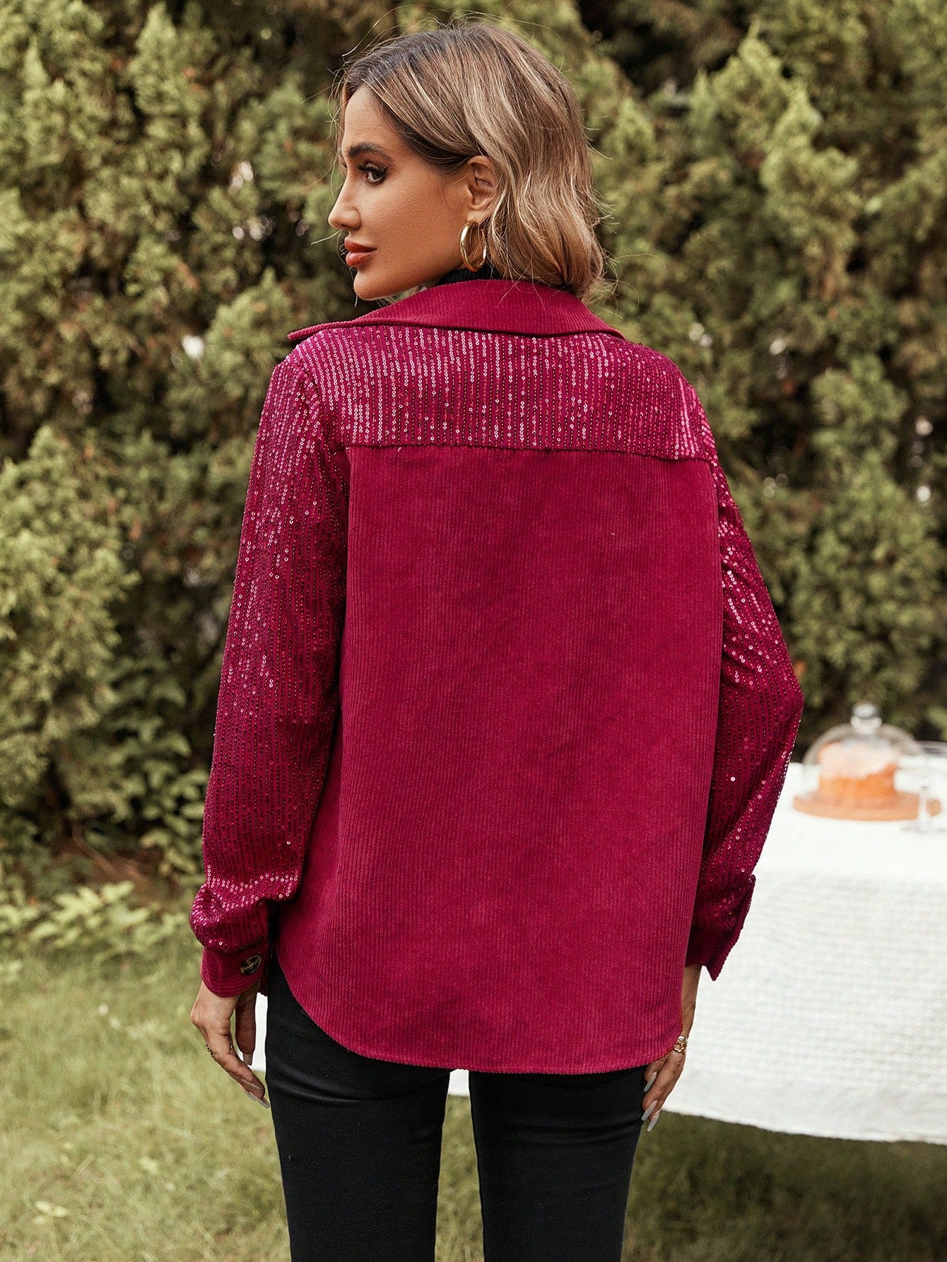 Red glitter jacket from behind