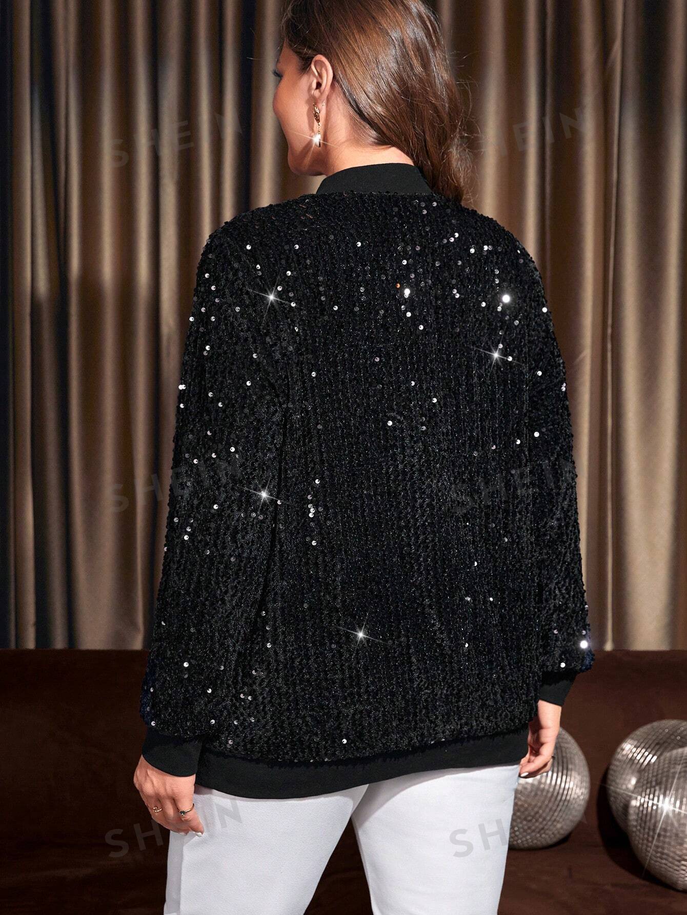 Plus size sequin bomber jacket from behind