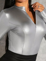 Silver metallic bodysuit long sleeve - Vignette | Glow&amp;Glitz