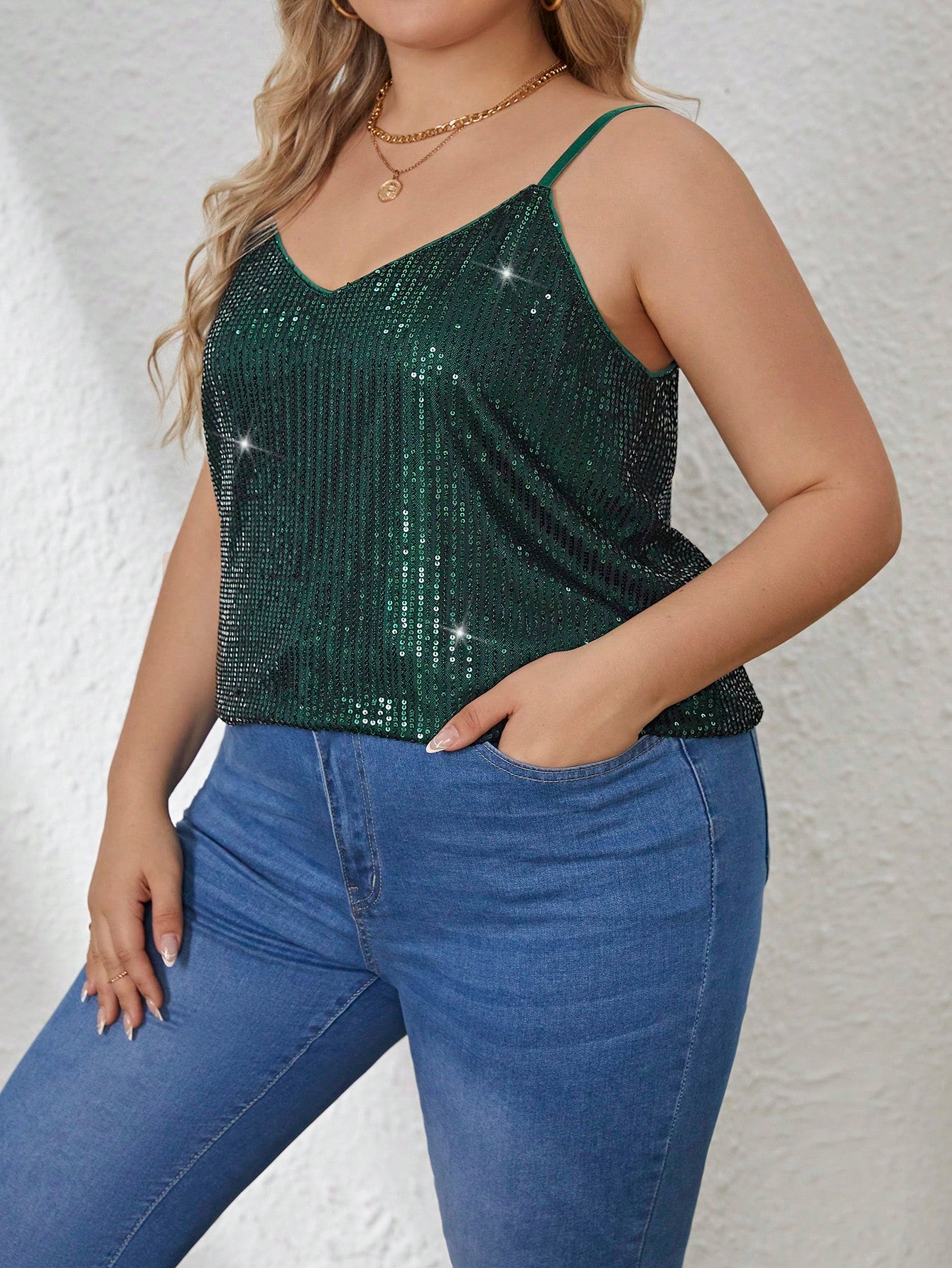 Plus size green sequin tank top