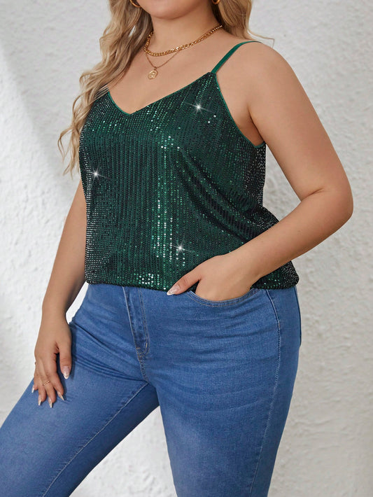 Plus size green sequin tank top