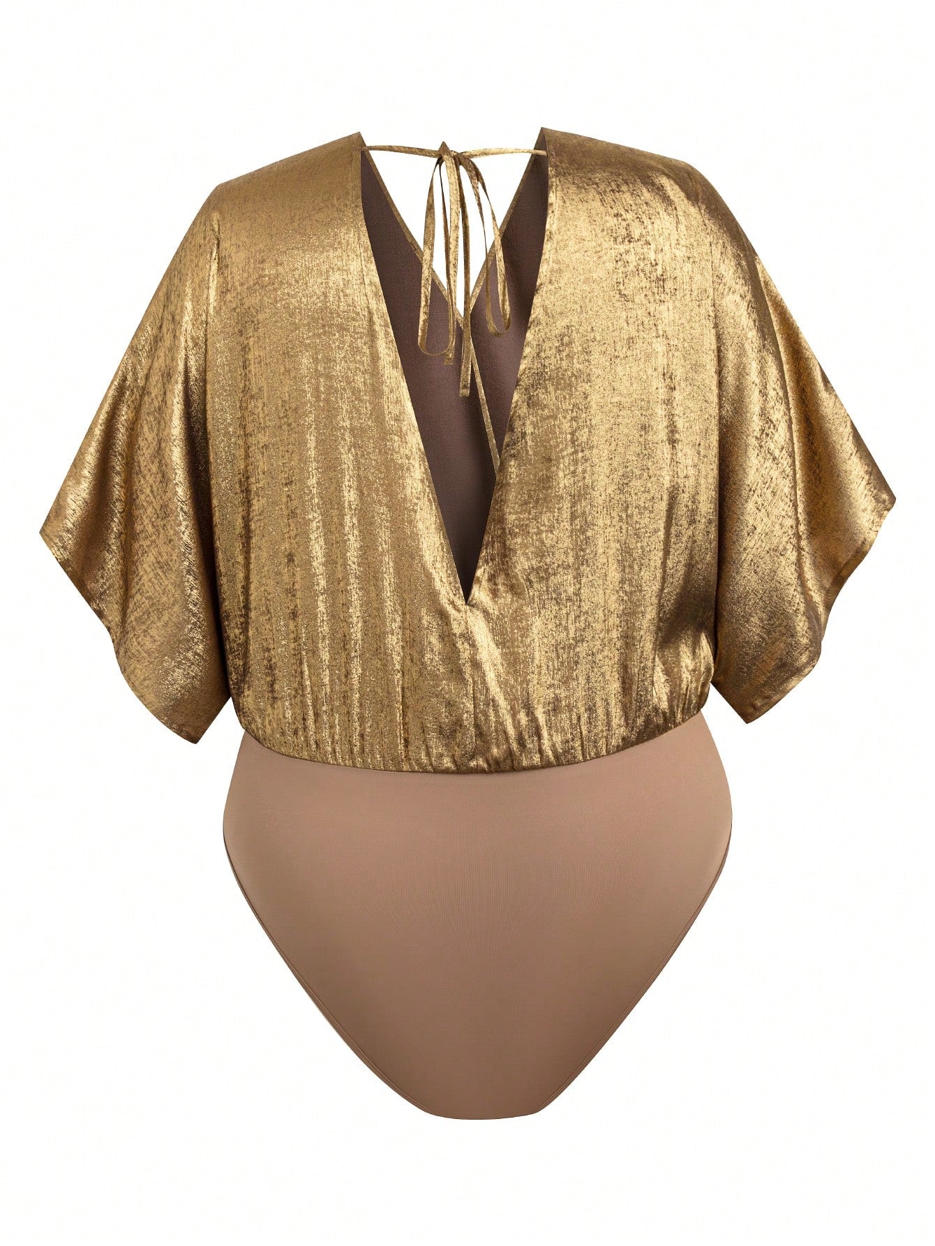 Plus size gold sequin bodysuit from behind on a white background
