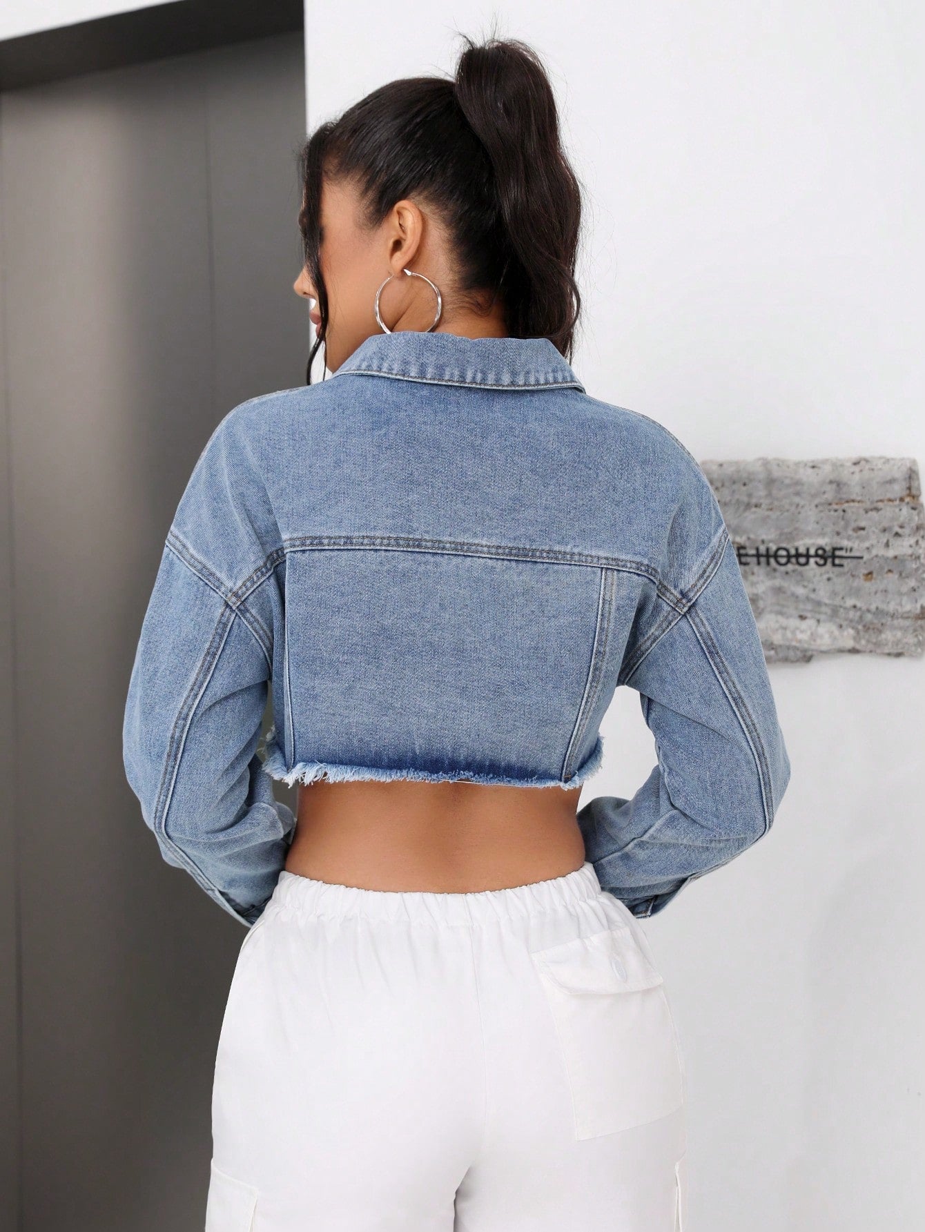 Long sleeve sequined blue jean jackets backside