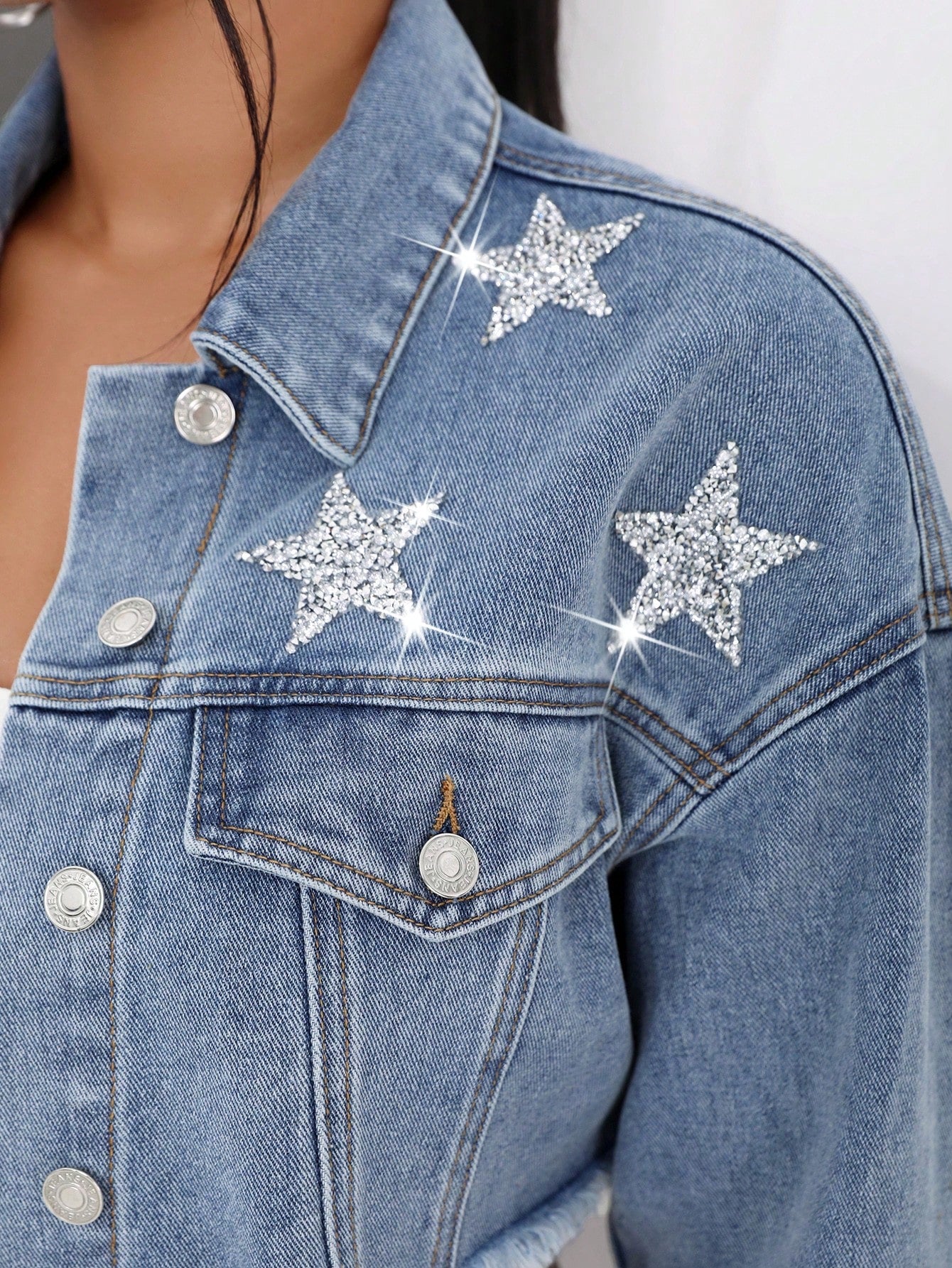 Long sleeve sequined blue jean jackets with strass