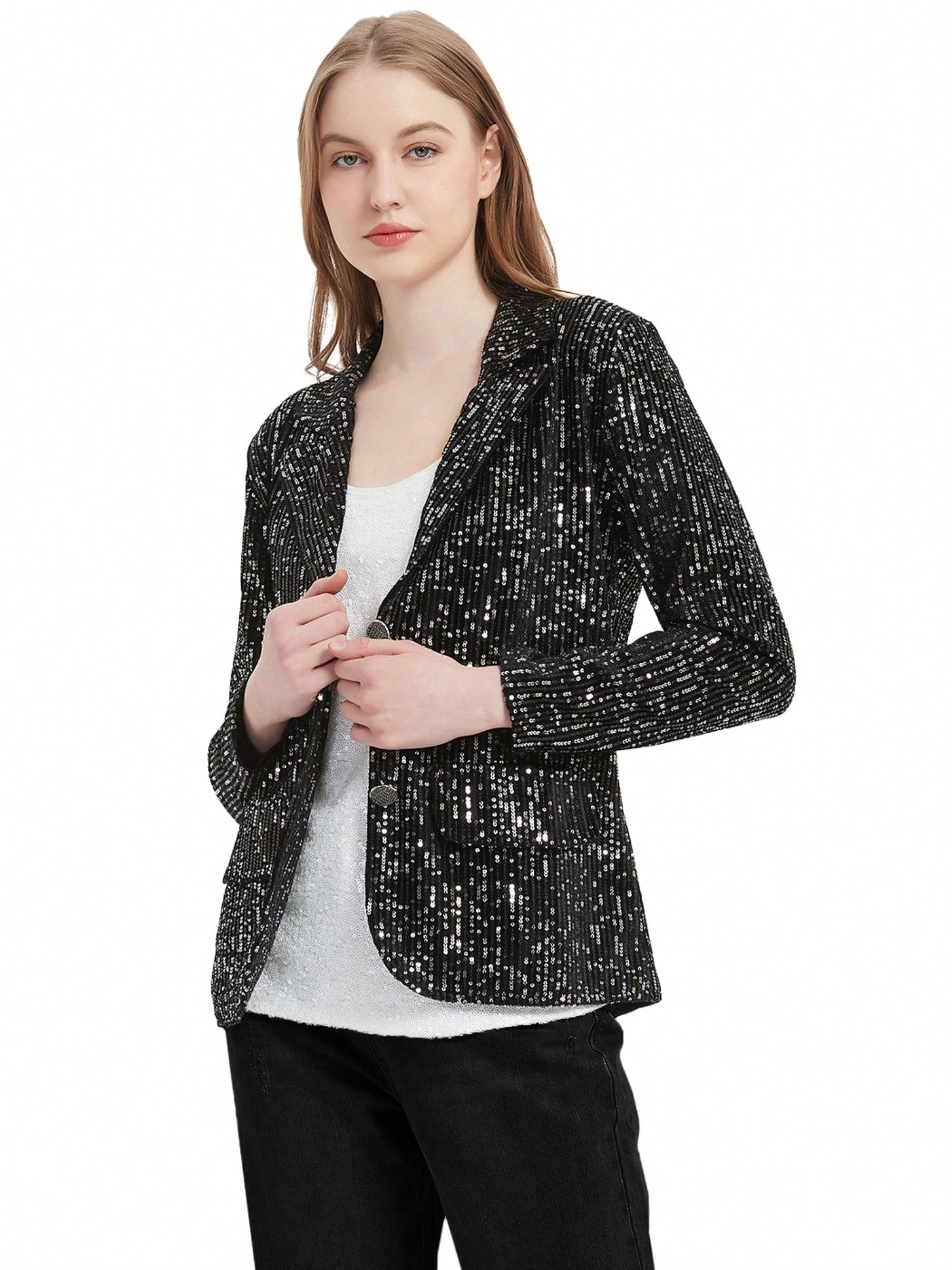 Black sequin blazer jacket product picture on a white background