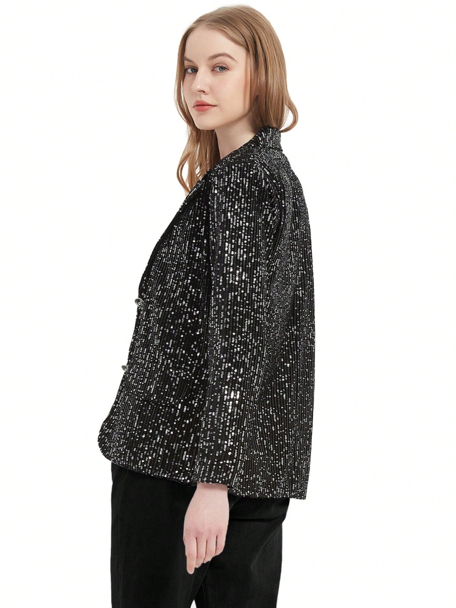 1side view of a Black sequin blazer jacket, product picture