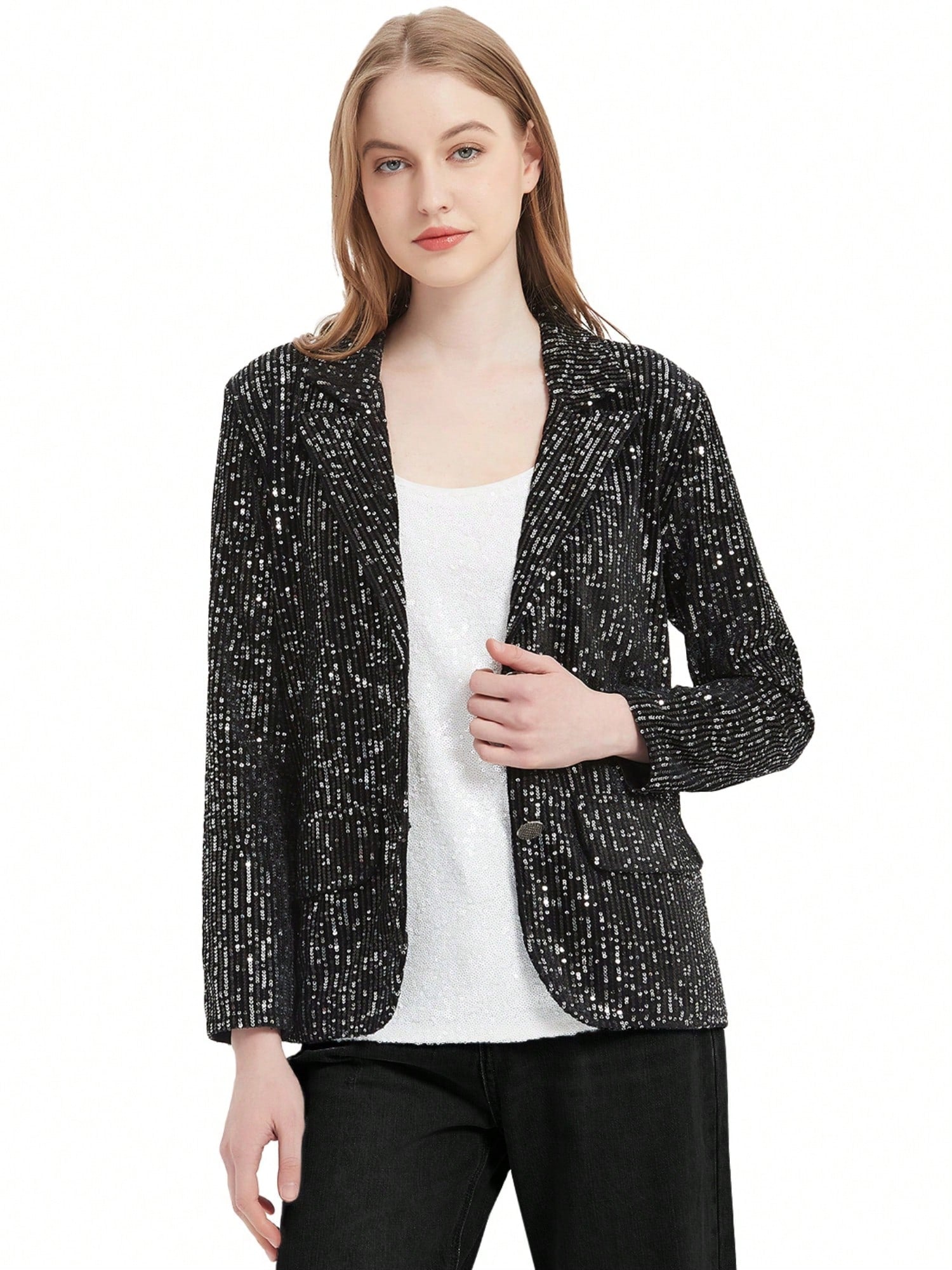 blonde model wearing a Black sequin blazer jacket with a white tee and a black pants