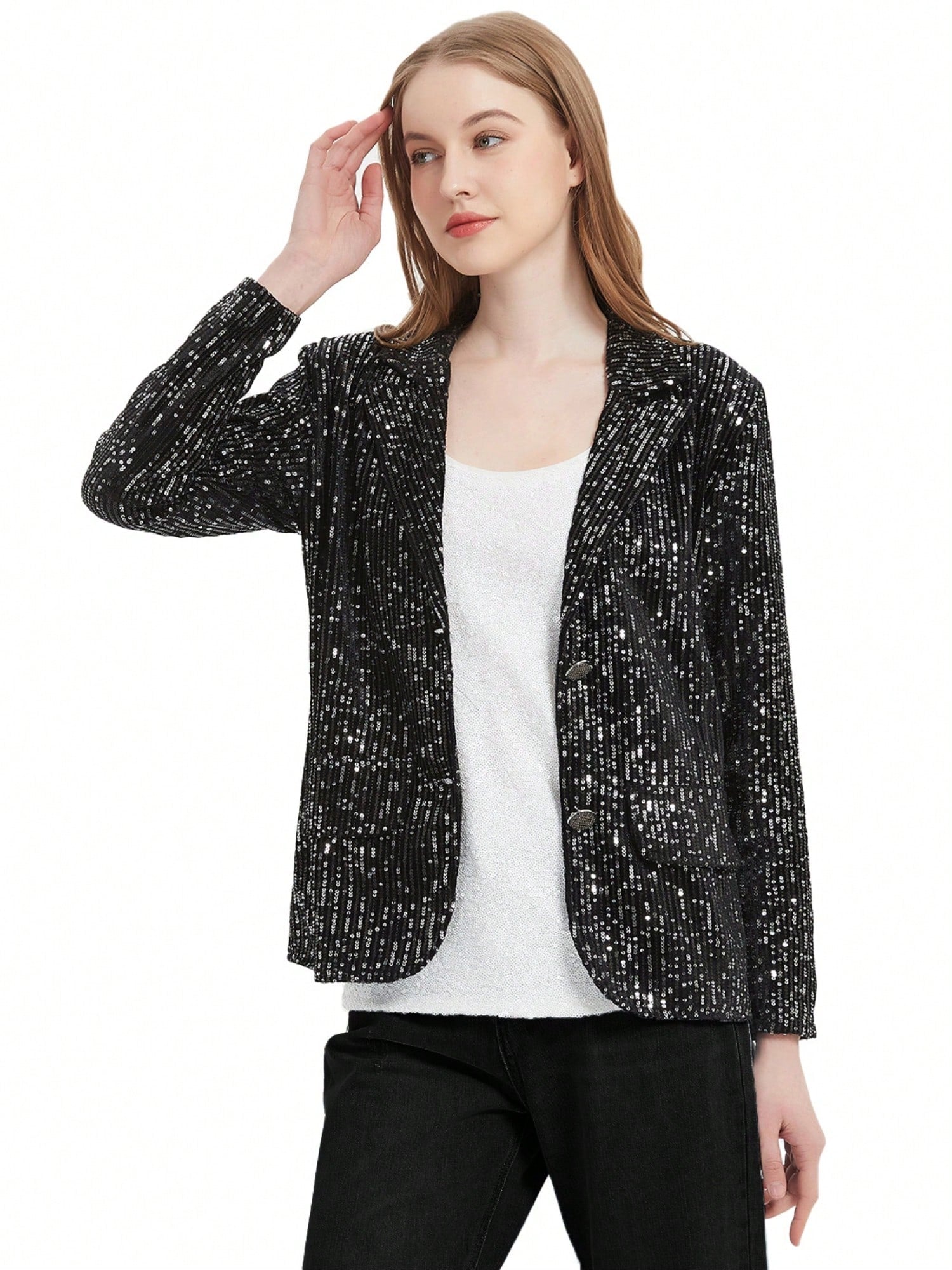 Black sequin blazer jacket paired with a black pants and a white t-shirt