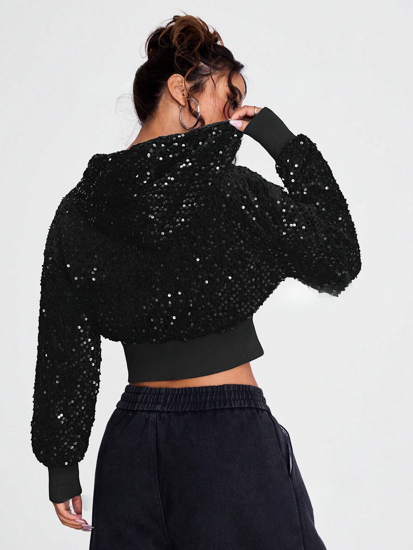 Black cropped sequin jacket back view, product photo