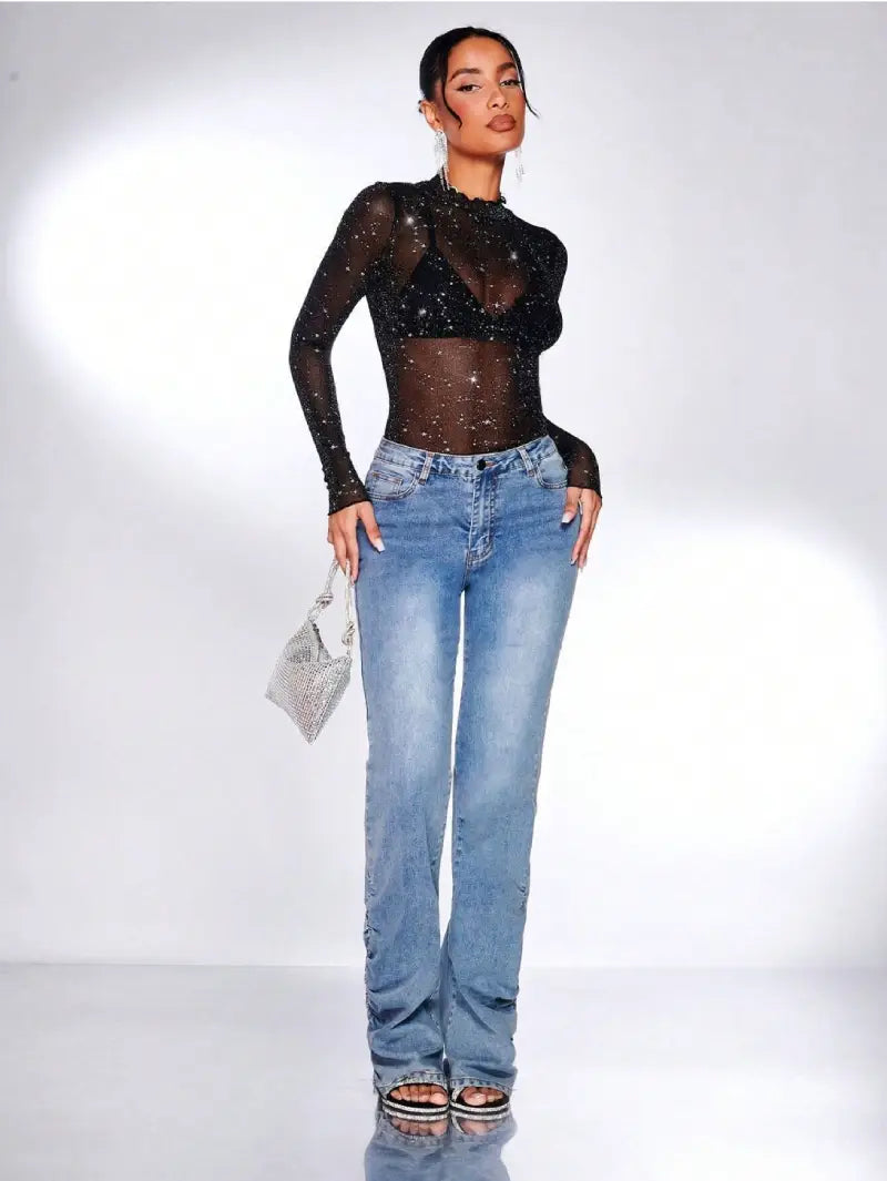 Black Mesh Sequin Top Outfit with a pair of jeans