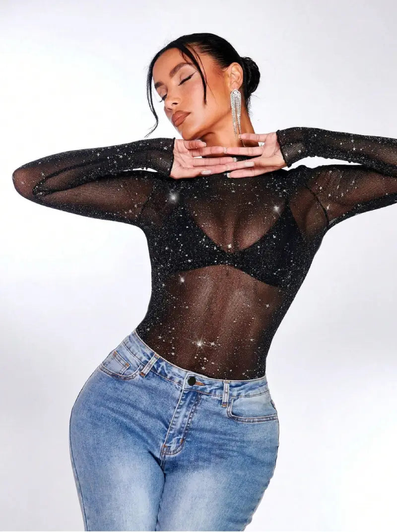 Black Mesh Sequin Top on a woman