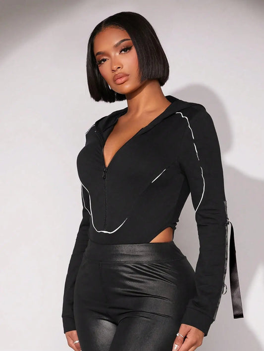 Black sequin bodysuit with hood