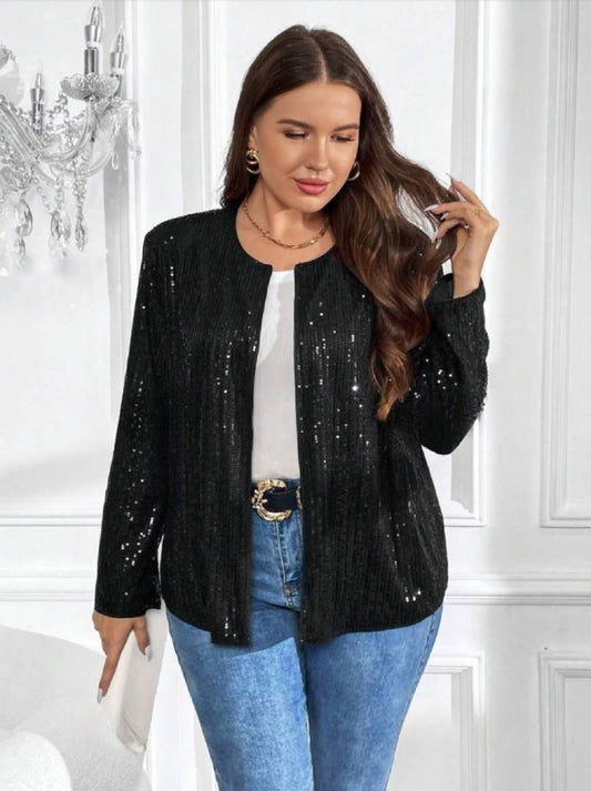Black sequin jacket plus size paired with a blue jeans and a black belt