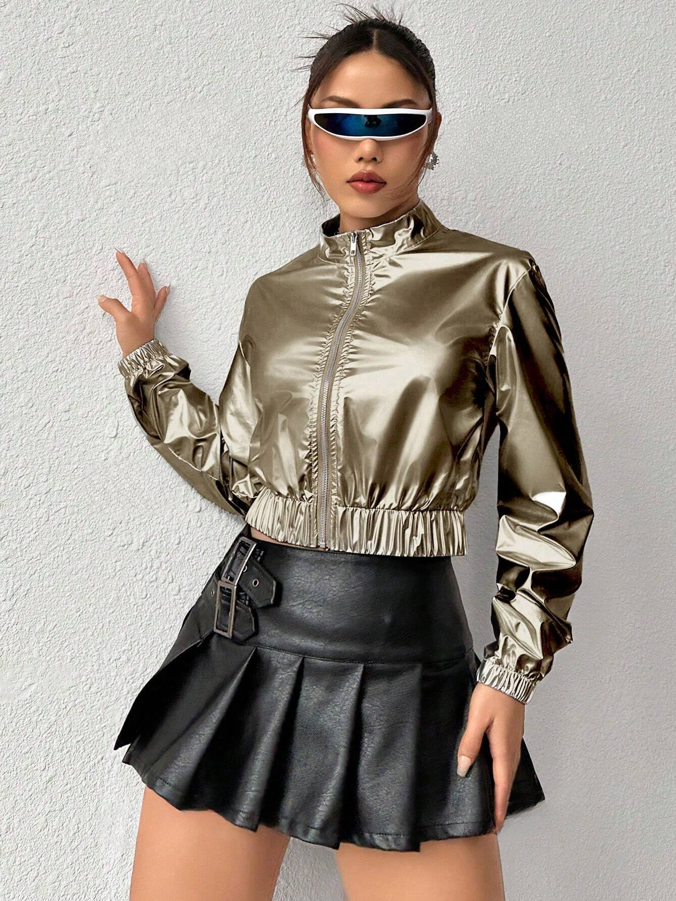 asian model posing for a professional picture wearing a Gold metallic jacket a futuristic glasses and a black faux leather skirt 