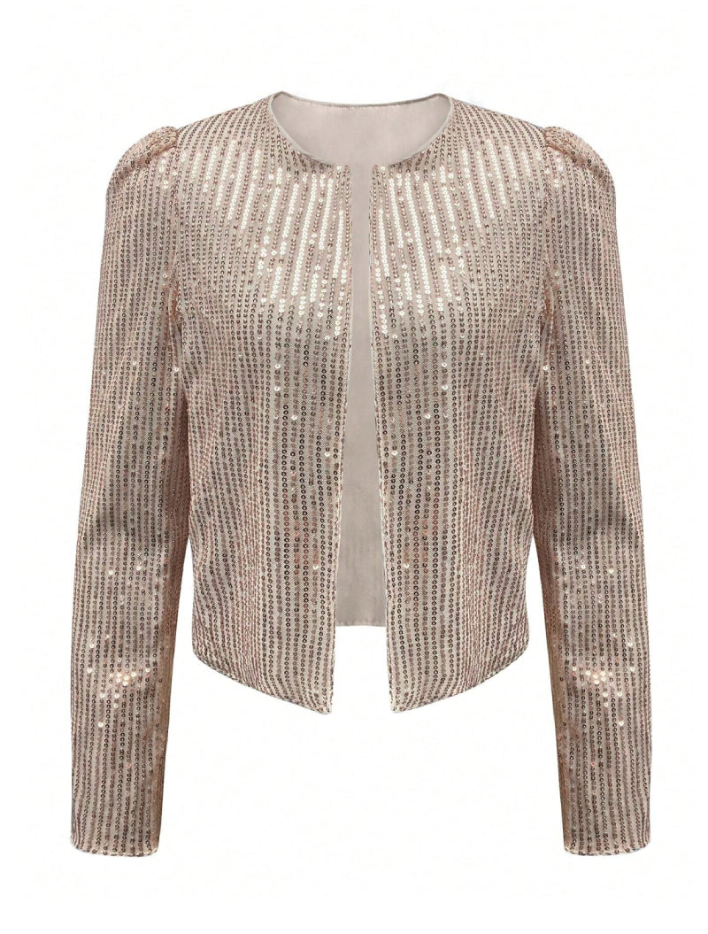 Front view of a gold sequin jacket women's on white background