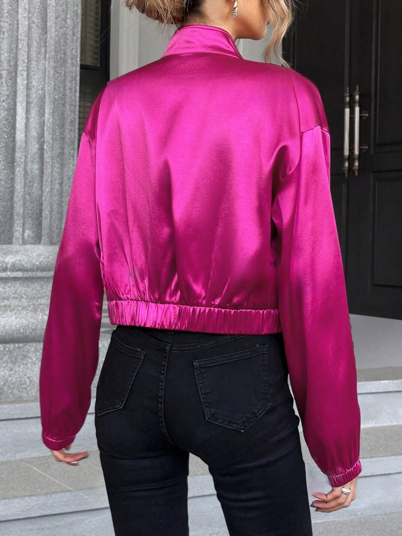 Hot pink metallic jacket from behind, product picture