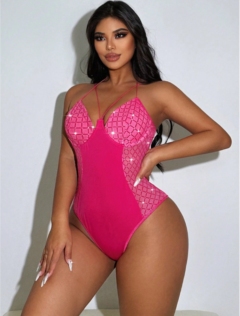 Hot pink sequin bodysuit on a professional model