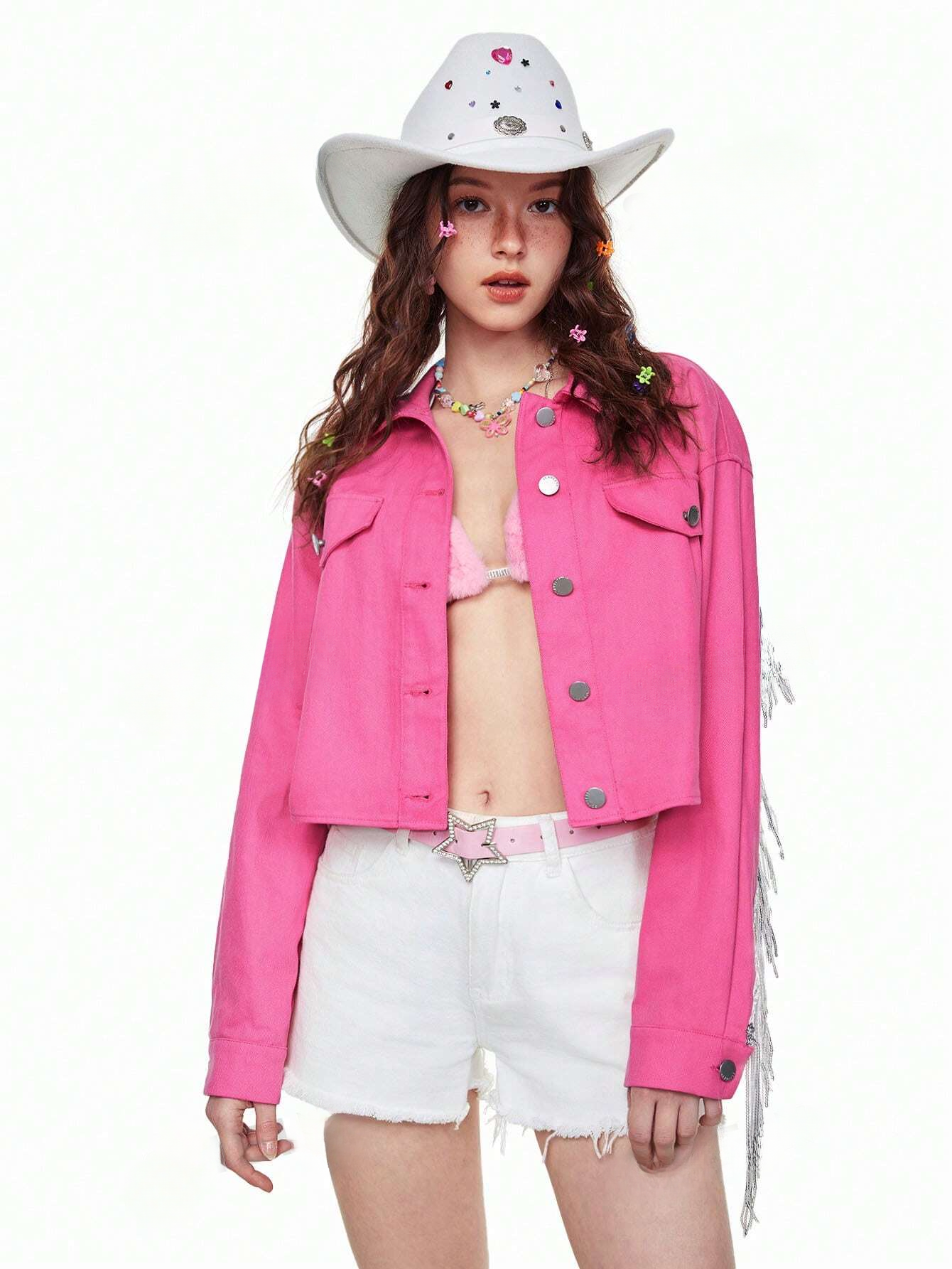 Pink sequin fringe jacket worn by a beautiful brunette model on a white background, product picture