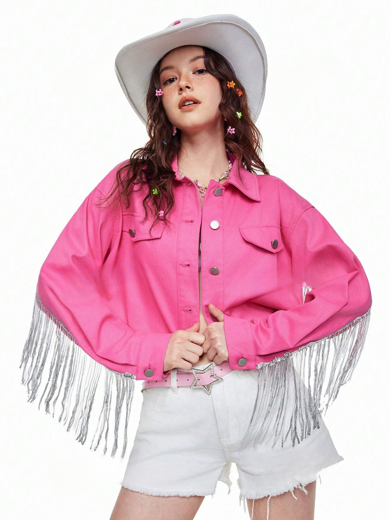 model posing with a Pink sequin fringe jacket and a white short and a white belt with a star on it, casual outfit, product picture