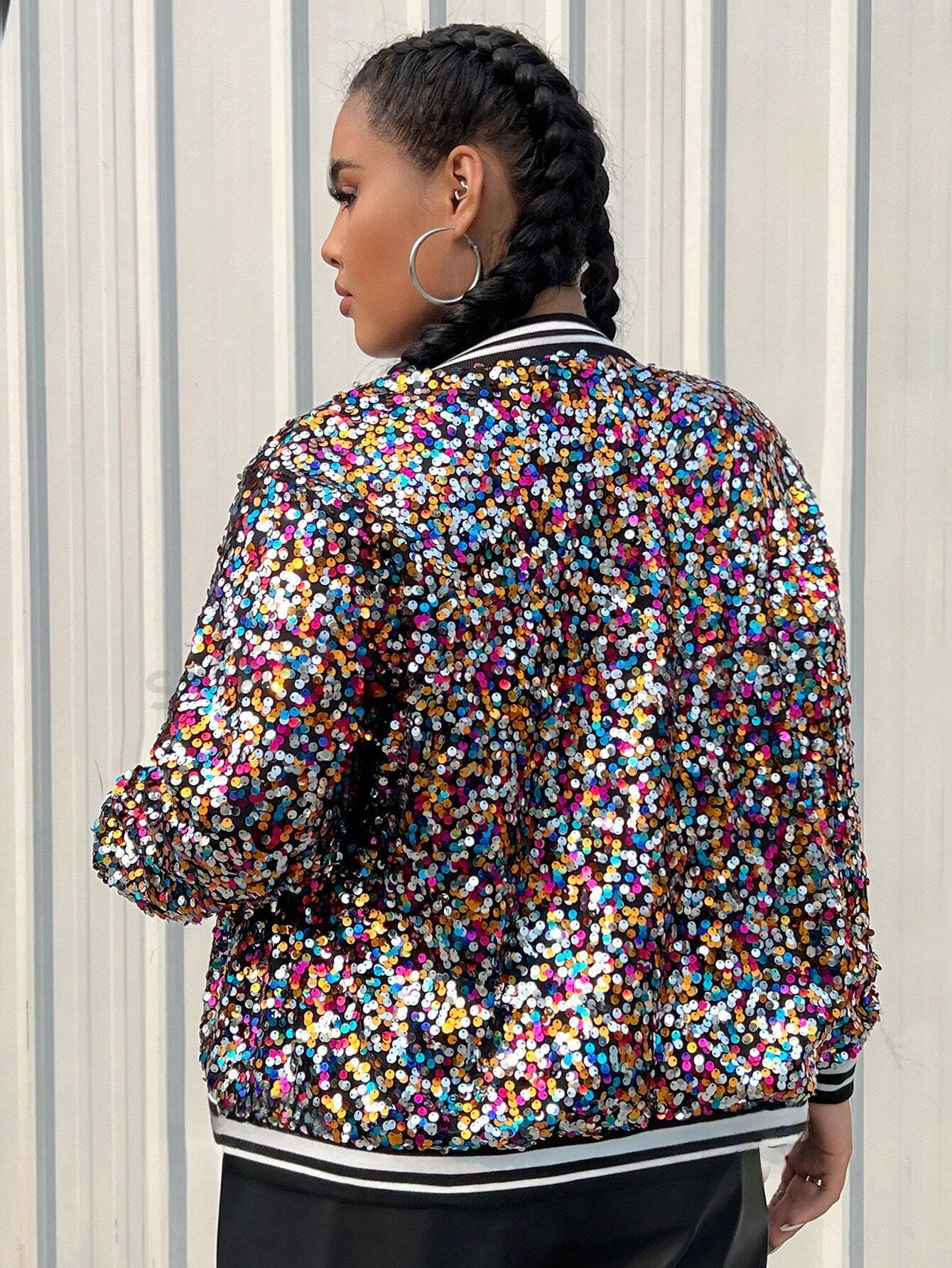 Rainbow sequin jacket plus size from behind