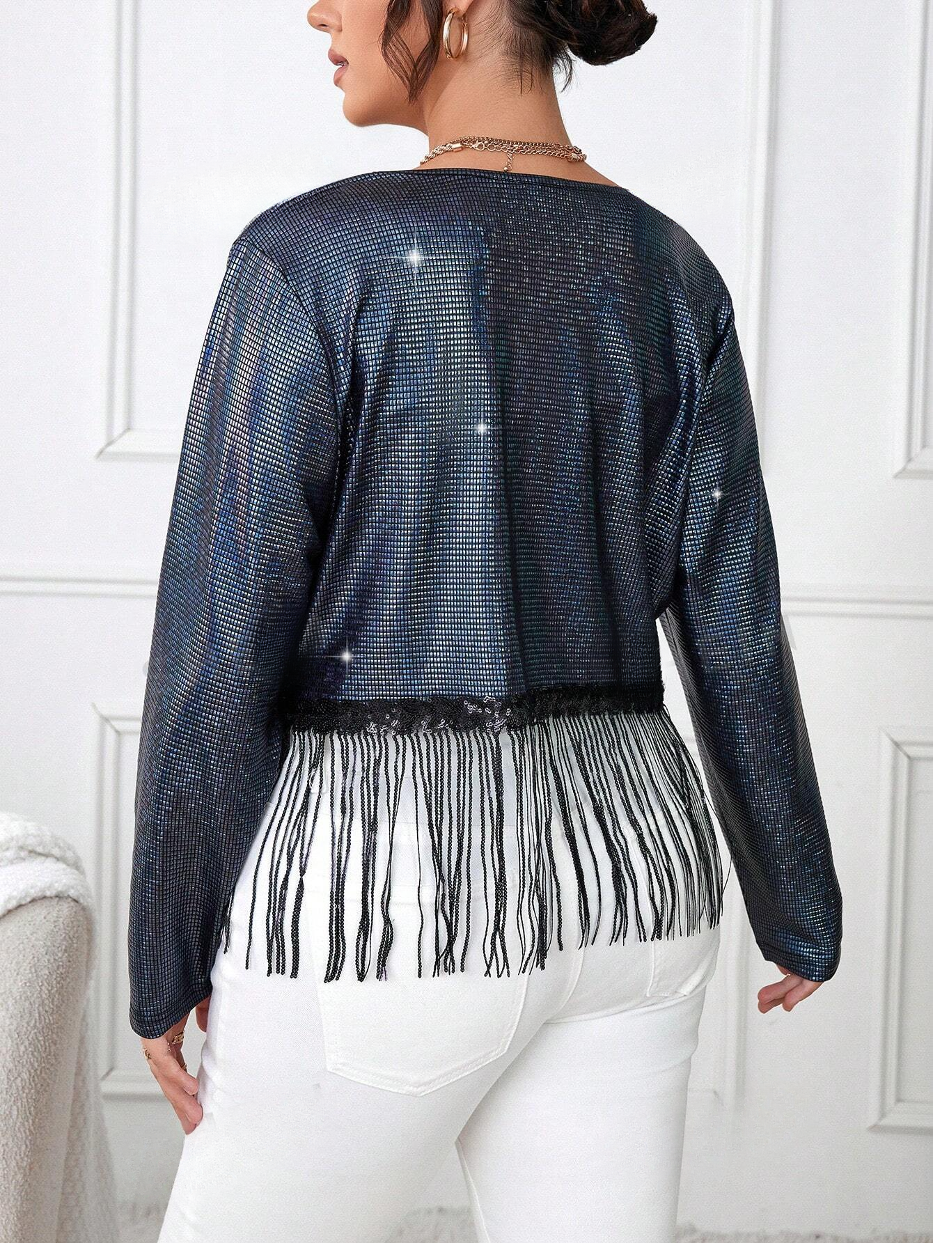 Sequin fringe jacket plus size from behind paired with a white pants